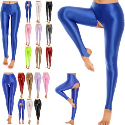 US Women's Glossy Translucent Pantyhose Tights Crotchless Yoga Sports Lingerie